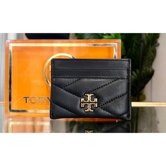 Tory Burch Black Quilted Leather Cardholder Wallet With Gold Logo Accent - Picture 1 of 8